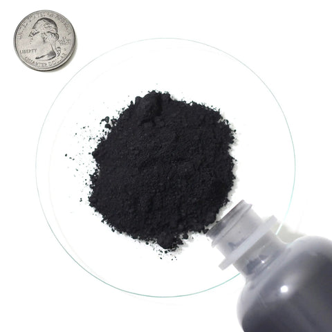 Graphite Powder 1 Pound Split Into Four Bottles 99.9 Percent Pure Military Grade 44 Micron Fine Carbon in bowl with coin and bottle