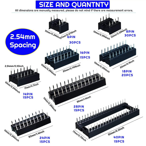 155 Piece Dip IC Socket Kit With 2.54mm Pitch Solder Type Adapters, showing sizes from 6 to 40 pins in a layout display