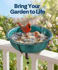 Weatherproof Deck Mounted Bird Bath And Feeder With Easy Clamp On For Railings Fences Or Balconies 1.45 Gallons Durable ABS Construction In Green For Year Round Outdoor Use on deck with birds