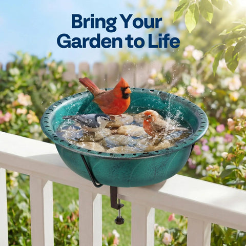Weatherproof Deck Mounted Bird Bath And Feeder With Easy Clamp On For Railings Fences Or Balconies 1.45 Gallons Durable ABS Construction In Green For Year Round Outdoor Use on deck with birds