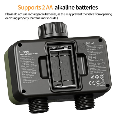 Back view showing battery compartment of Two Zone Sprinkler Timer With Dual Outlet Hose Timer, IPX5 Waterproof, requires 2 AA batteries.