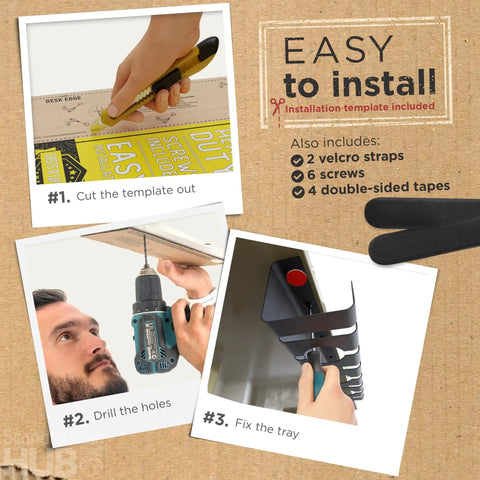 Under Desk Cable Management Kit Set Of 2 With Ducts And Tray For Desk Organization Heat Dissipating Modular Cable Holders And Spacious Black Cable Basket installation steps shown.