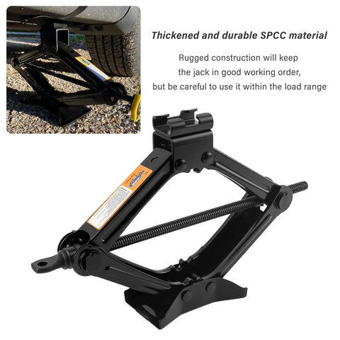 Heavy Duty Scissor Jack For Car With Slick Thread Action Portable Tire Changing Kit That Delivers A No Drama Lift Up To Two Thousand Pounds, shown lifting a vehicle.
