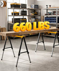 Badass 2 Pack Folding Sawhorse 660 Lb Heavy Duty Metal Work Stands with a wooden top and 660 lbs weight displayed.