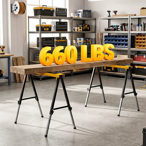 Badass 2 Pack Folding Sawhorse 660 Lb Heavy Duty Metal Work Stands with a wooden top and 660 lbs weight displayed.
