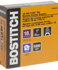Box of Bostitch 18 GA 7/32" SX Narrow Crown Staples, 5000 Pack, showing size and specifications on packaging.