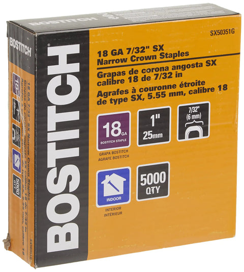 Box of Bostitch 18 GA 7/32" SX Narrow Crown Staples, 5000 Pack, showing size and specifications on packaging.
