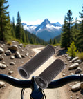 Dual Length Bike Handlebar Grips Set Long And Short Anti Slip TPR Rubber Grips For Mountain And Road Bikes on a trail