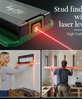 6 In 1 Stud Finder Wall Scanner With Cross Line Laser Detect Wood Studs And Live AC Wires Dual Bubble Levels Built In Ruler For Handy DIY Home Improvement Projects; laser level in use