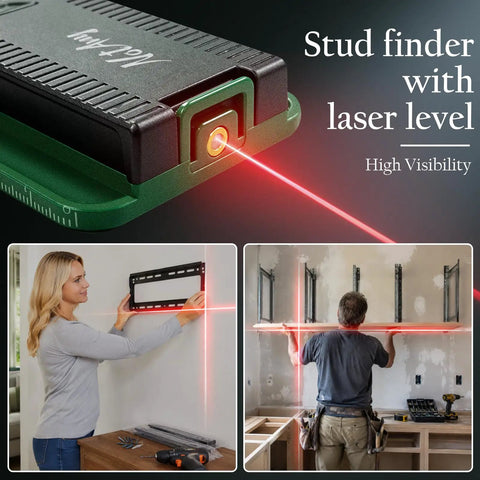 6 In 1 Stud Finder Wall Scanner With Cross Line Laser Detect Wood Studs And Live AC Wires Dual Bubble Levels Built In Ruler For Handy DIY Home Improvement Projects; laser level in use