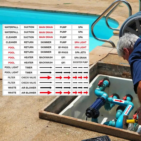 Heavy Duty Pool Equipment Labels And Valve Stickers For Spa Plumbing 560 Piece Kit used on blue plumbing pipes near pool.