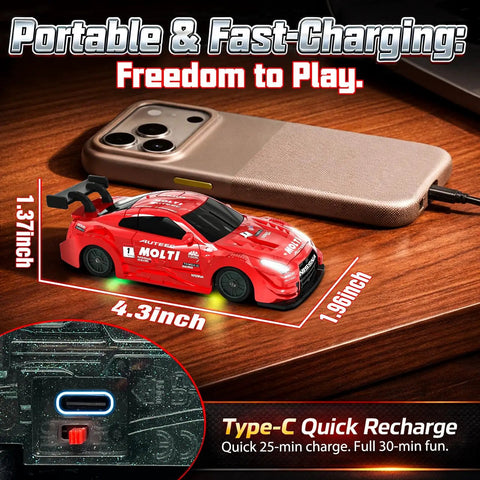 1 to 43 Scale Mini RC Drift Car With Gyro, Dope 2.4GHz Full Proportional Steering And Throttle, 20 Km Per Hour High Speed Remote Car With Lights, Desktop Drift Racing Toy Gift For Adults And Kids next to phone showing size.