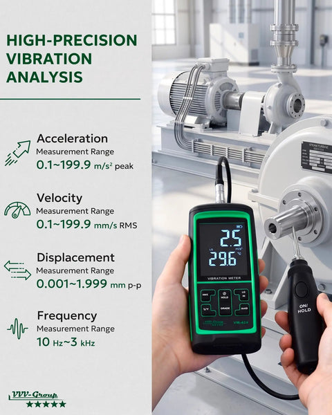 Vibration Meter With Remote Probe VM-424 For Industrial Motors And Gearboxes Measures Acceleration Up To 199.9 m/s2 Velocity Up To 199.9 mm/s Displacement Up To 1.999 mm 10 Hz To 3 kHz Magnetic Sensor For Tight Space Diagnostics on motor