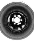 Front view of 11x7.10-5 go kart tire on 5 inch rim, 4 ply durable puncture resistant track tire with low profile design.