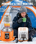 Person sitting in camping snow next to Go To All In One Propane Heater And Stove Portable With 6 Ft Regulating Valve, Dual Function