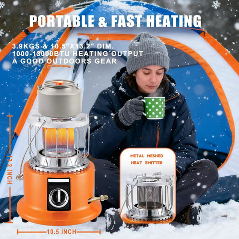 Person sitting in camping snow next to Go To All In One Propane Heater And Stove Portable With 6 Ft Regulating Valve, Dual Function