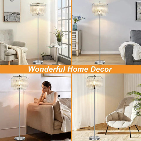 Crystal Floor Lamp 64 Inch Tall With Double Layer Shade in modern silver finish for living rooms, bedrooms, and offices.