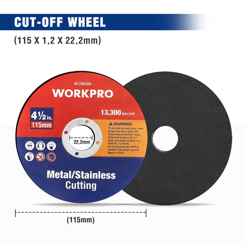Workpro metal/stainless cut-off wheel, 4-1/2 in (115 mm) diameter, front view with labeled disc (two discs shown)