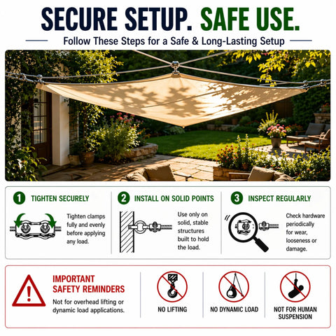 Diagram showing steps to securely set up One Eighth Inch Stainless Steel Wire Rope Kit With Reusable Cable Clamps in outdoor setting.