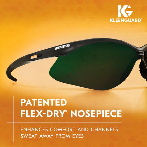Nemesis Safety Glasses with IRUV Shade 5.0 Lenses in Black Frame, featuring patented Flex-Dry nosepiece for comfort.