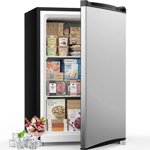 Hella Compact Mini Freezer For Kitchen Or Dorm Room Storage With Adjustable Shelves, 1.1 cu ft, holding bulk seafood and meats.
