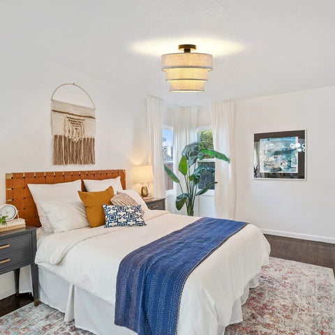 Bedroom with Three Tier Linen Drum Shade Semi Flush Mount Ceiling Light Fixture and cozy diffused glow.