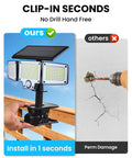 Super Bright Clip On Solar Outdoor Flood Light With Smart Motion Sensor And USB C Recharging Heavy Duty Clamp No Drilling Needed Straight Up Quick Install comparison with installation process.