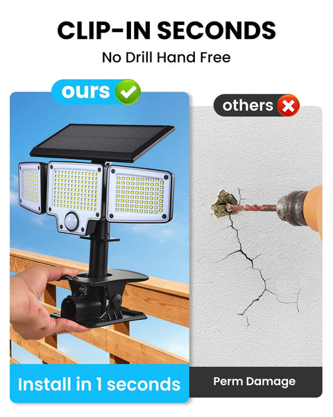 Super Bright Clip On Solar Outdoor Flood Light With Smart Motion Sensor And USB C Recharging Heavy Duty Clamp No Drilling Needed Straight Up Quick Install comparison with installation process.