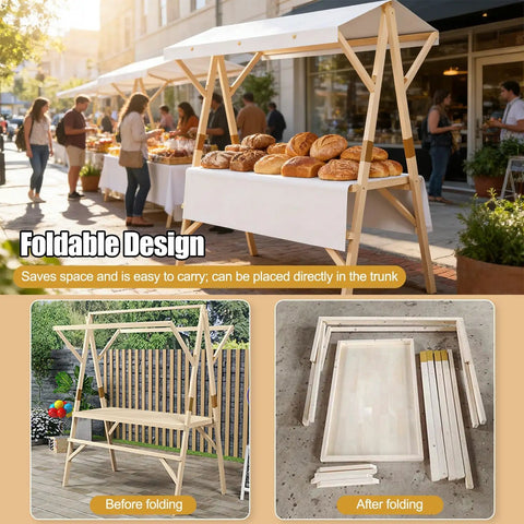 Foldable Wooden Market Stall Booth With Canopy, Outdoor Vendor Cart showcasing bread, foldable design for easy transport.