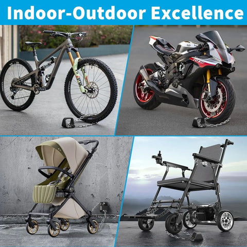 Premium Heavy Duty Badass Security Ground Anchor With Two Protected Expansion Bolts in use with bicycle, motorcycle, stroller, and wheelchair.