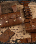 Medieval Baldric Belt Set With Leather Pouch, Sword Scabbard, And Four Potion Flasks for Viking LARP Cosplay on vintage map