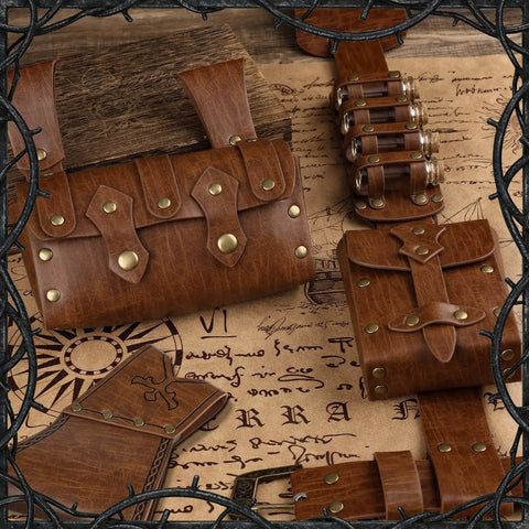 Medieval Baldric Belt Set With Leather Pouch, Sword Scabbard, And Four Potion Flasks for Viking LARP Cosplay on vintage map