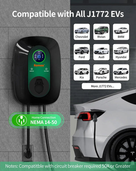 Rock Solid Level 2 EV Charger 40 Amp Wall Mounted J1772 Station With Nema 14-50 Adapter 9.6Kw Smart Schedule Charging installed.