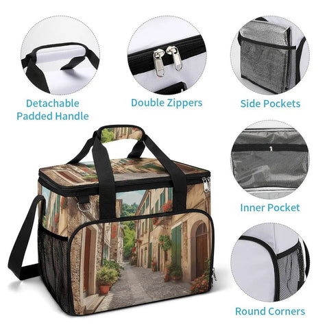 Insulated Picnic Backpack Tote Bag 30L Large Capacity Italy Street Cooler Bag with detachable handle and double zippers.