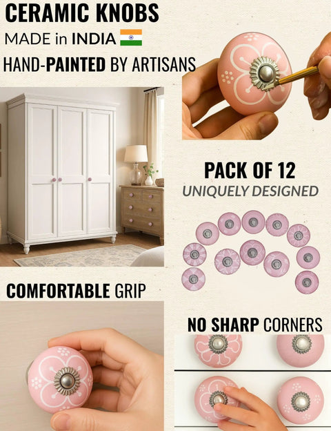 Pink Ceramic Drawer Knobs 12 Piece Set With Floral Cabinet Pulls To Give Your Dresser Or Cabinets A Slick New Look And Smooth Glaze While Hand Painted Details Bring That Solid Game Changer Straight To Your Home Renovation, showing hand-painted knobs and comfortable grip.