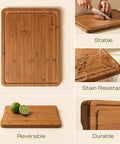Top Shelf Wooden Cutting Boards For Kitchen Meal Prep And Serving With Deep Juice Groove And Sturdy Handles Real Deal Charcuterie Serving Tray And Tough Butcher Block For Steak Slicing And Daily Cooking Three Piece Set featuring a stable bamboo cutting board.
