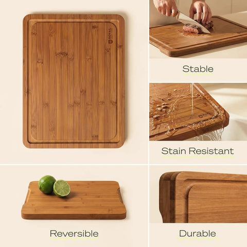 Top Shelf Wooden Cutting Boards For Kitchen Meal Prep And Serving With Deep Juice Groove And Sturdy Handles Real Deal Charcuterie Serving Tray And Tough Butcher Block For Steak Slicing And Daily Cooking Three Piece Set featuring a stable bamboo cutting board.