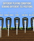 Five Level Adjustable Golf Tee Height Tool For Consistent Tee Heights shown with five height options on grass