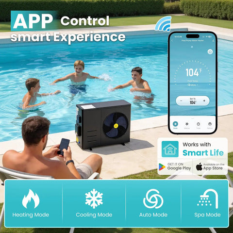 Extend Your Backyard Swim Season Way Past Late Summer With This Energy Smart Electric Pool Heat Pump shown working by a pool.