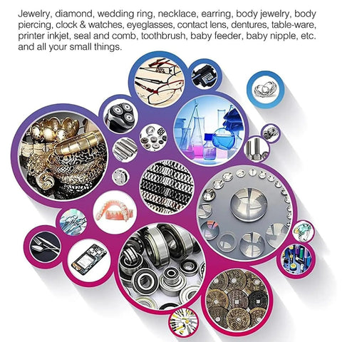Professional Ultrasonic Jewelry Cleaner Machine With Thirty Five Watt Motor And Zero Point Eight Liter Tank Featuring Five Adjustable Speeds Plus Digital Timer To Blast Away Tough Daily Grime From Watches And Eyewear with various jewelry and items.