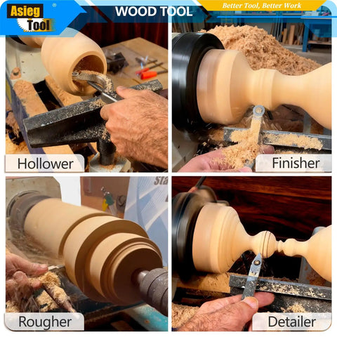 Carbide Tipped Wood Turning Tools Lathe Set With Rougher Detailer Finisher And Swan Neck Hollower in use on wooden pieces