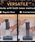 Mesh Stainless Steel Filter for AeroPress Coffee Makers, shown used in regular and inverted brew methods.