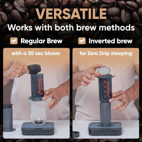Mesh Stainless Steel Filter for AeroPress Coffee Makers, shown used in regular and inverted brew methods.
