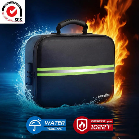Fireproof Document Bag With Lock Upgrade For Home And Travel Water Resistant Safe Box, surrounded by flames and water