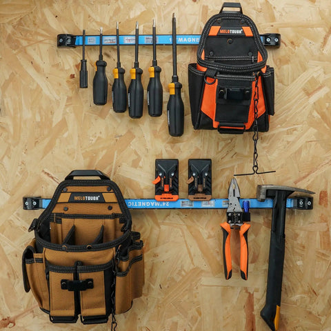 Premium 3 Pack Slick Quick Release Belt Clips For Tool Pouch Drill Holster No Sweat Snap On Off Attaches To Any 3 Inch Belt Or Wall Mount Grab And Go Tradesman Gear Rack Khaki mounted with tools on a wall.