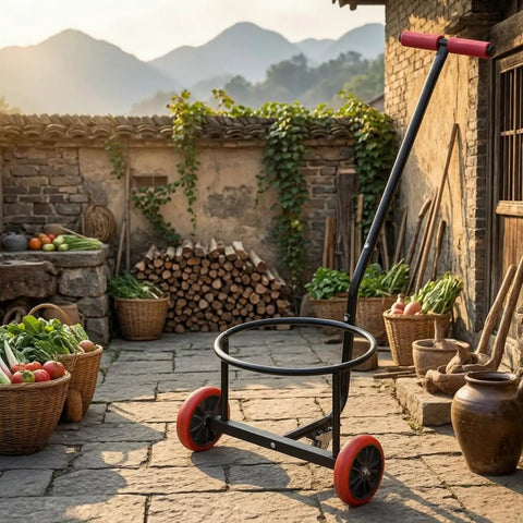 Bucket Cart Hand Truck With Circular Angled Handle And Foam Cushioned Grip For Easy Rolling Of Heavy Loads On Indoor And Outdoor Floors For Home Or Patio Use White Two Wheel Utility Cart With Non Marking Casters And Durable Frame. white bucket cart hand truck with circular handle and red wheels on stone patio