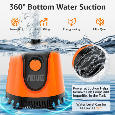 All Round Water Intake Submersible Pump For Fish Tanks Ponds And Hydroponics With 360 Degree Bottom Suction, orange pump
