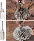 Pro Grade Cassette Removal Tool Kit With Chain Whip And Lockring Tool 5mm And 12mm Guide Pins Fits Shimano HG Freewheel Cassettes Easy Gear Maintenance For Quick Clean And Replacement in use on bicycle cassette