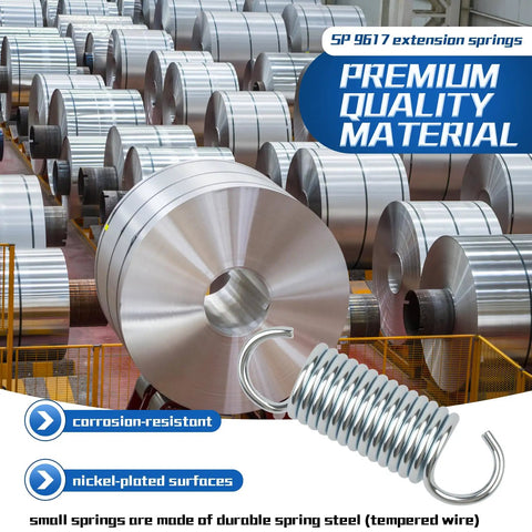 Six Pack 9617 Extension Springs With Hook Ends Go-To 2.64 In Long, 0.75 In Outer Diameter, steel coils in background.