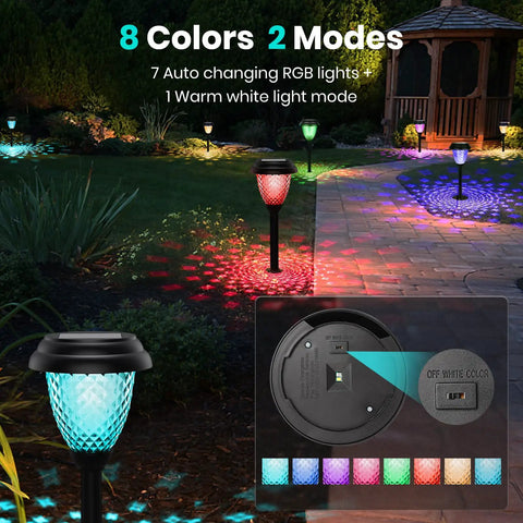 8 Pack Solar Pathway Lights With Warm White And 7 Color Changing Modes illuminating a garden path at night
